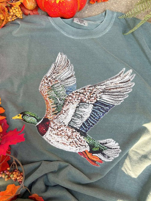 Teal sweatshirt with a colorful duck design surrounded by autumn-themed decorations.