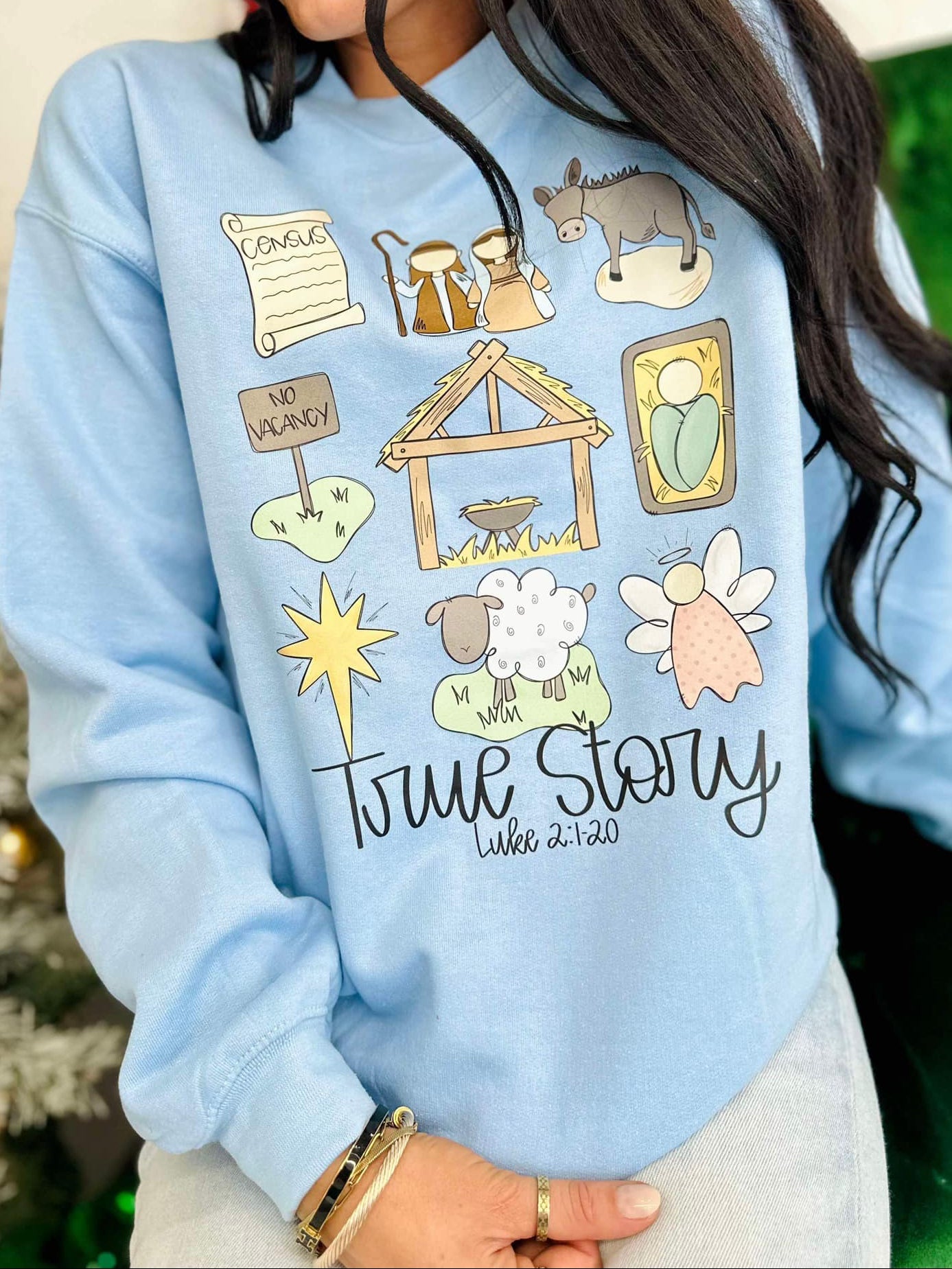A light blue sweatshirt with a graphic design featuring a manger, sheep, and a person wearing a hat labeled 'True Story'.