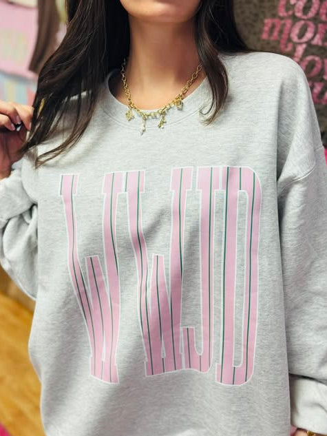 Gray sweatshirt with pink text worn by a person, with a colorful background.