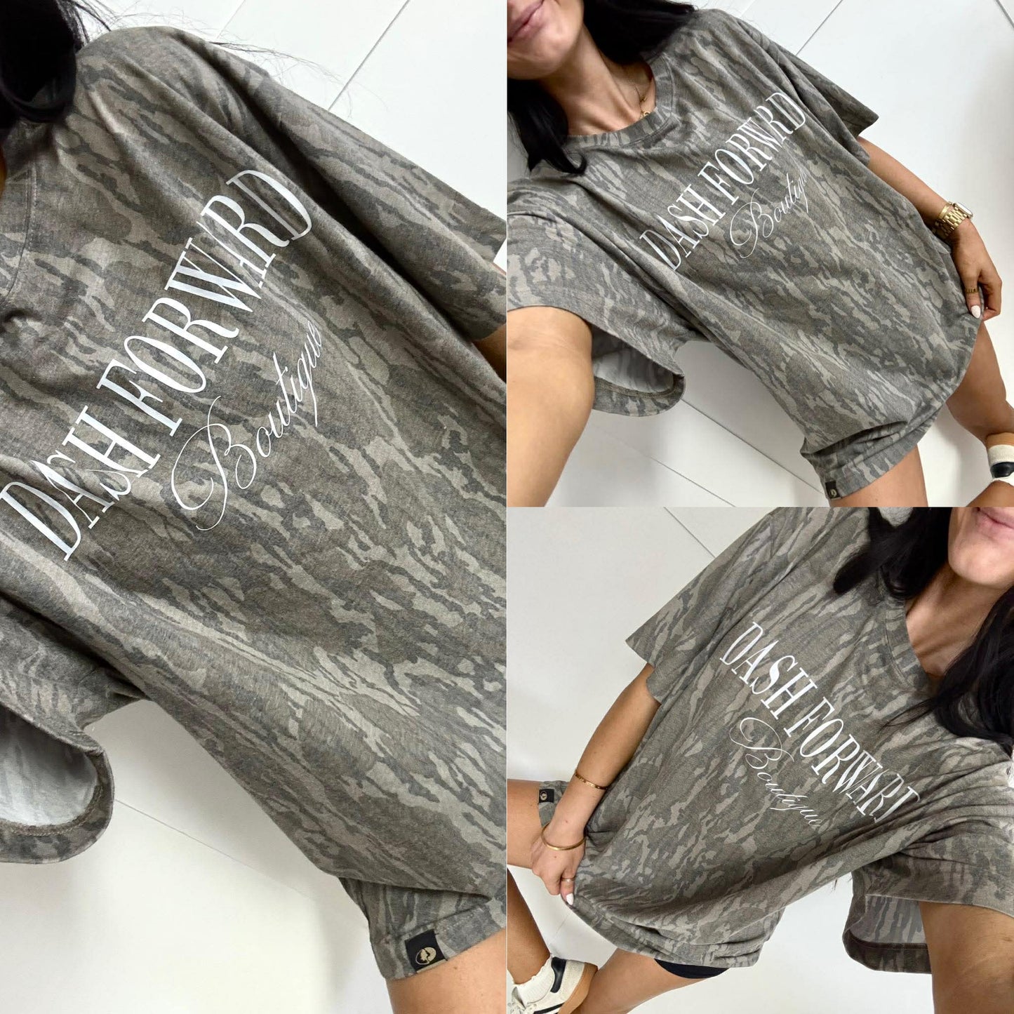 Bottomland sweatshirt with 'DASH FORWARD Boutique' text worn by a person on a white background