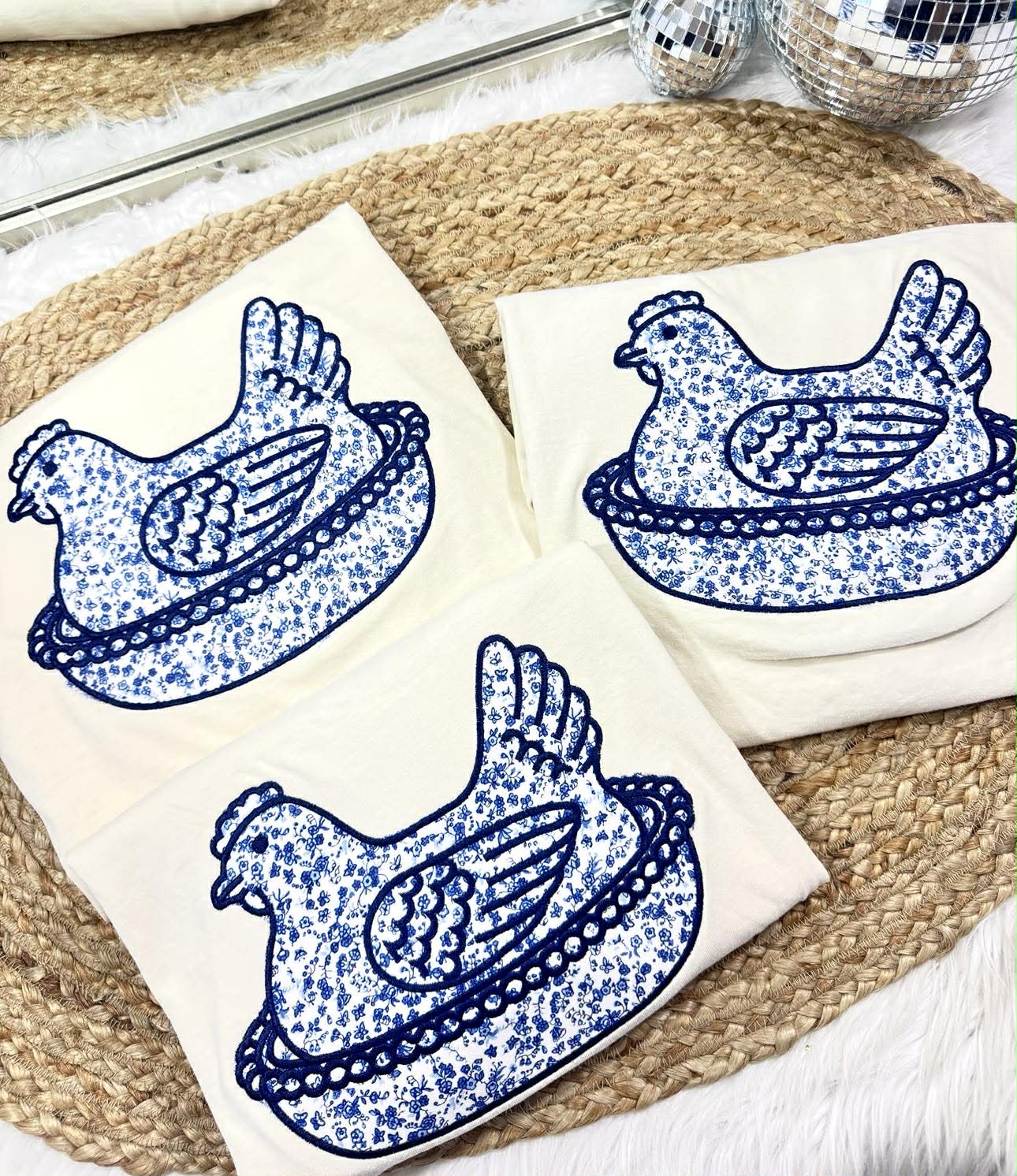 Blue Chicken Floral Applique