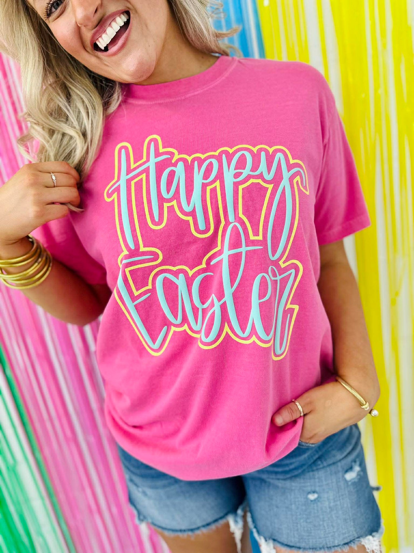 Happy Easter Pink Puff/Glitter Double Cursive Apparel