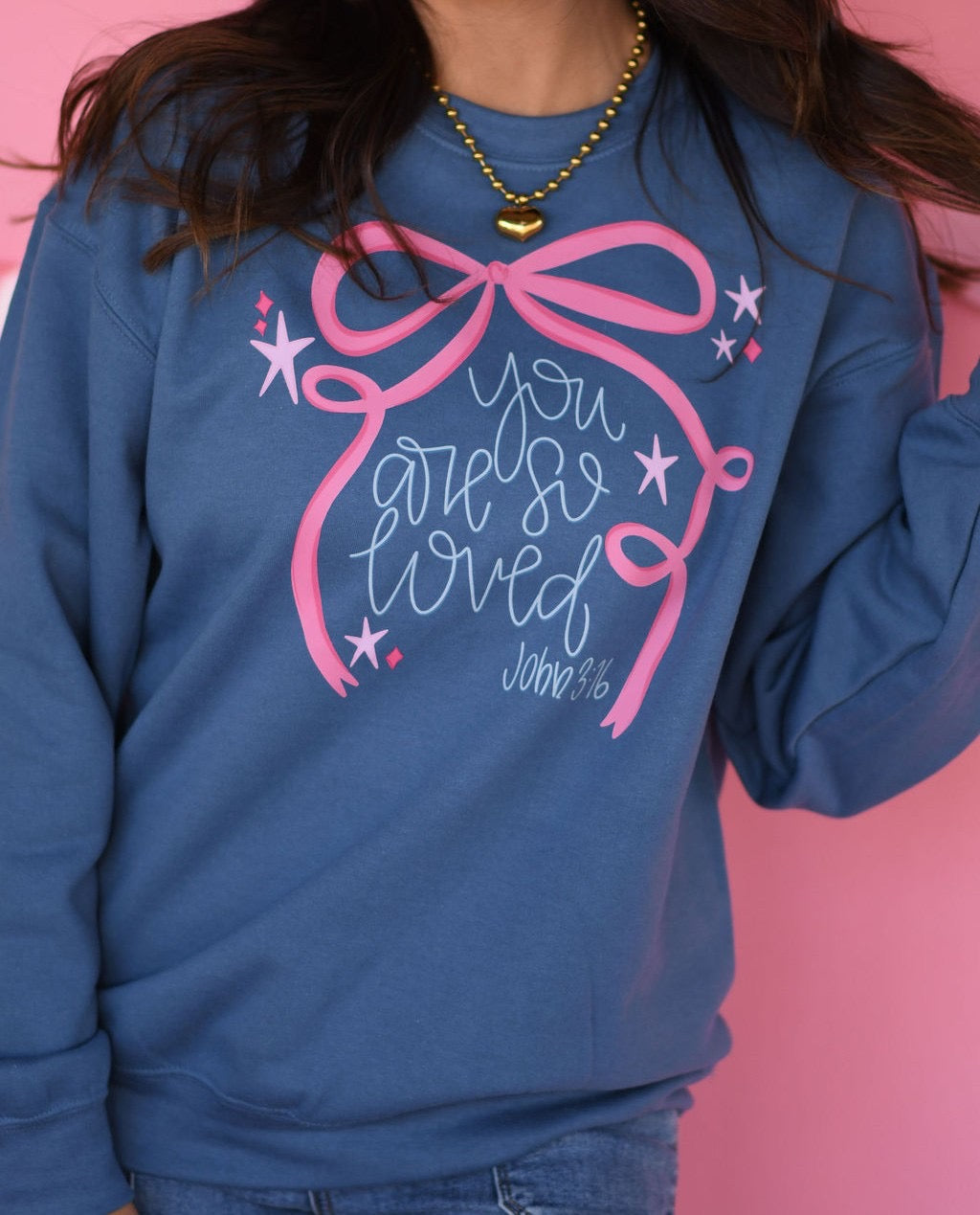 SALE You Are So Loved Bow Indigo Sweatshirt