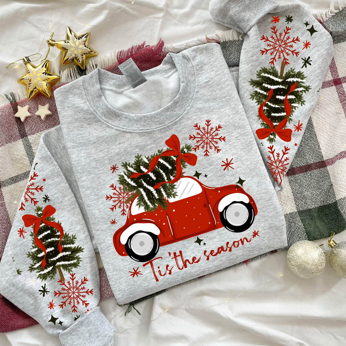 Christmas Tree Truck Tis the Season Ash Gildan Crewneck