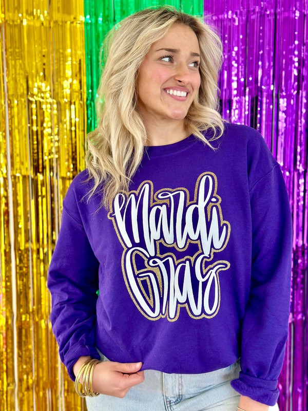 Mardi Gras Cursive Double Puff/Glitter Purple Sweatshirt