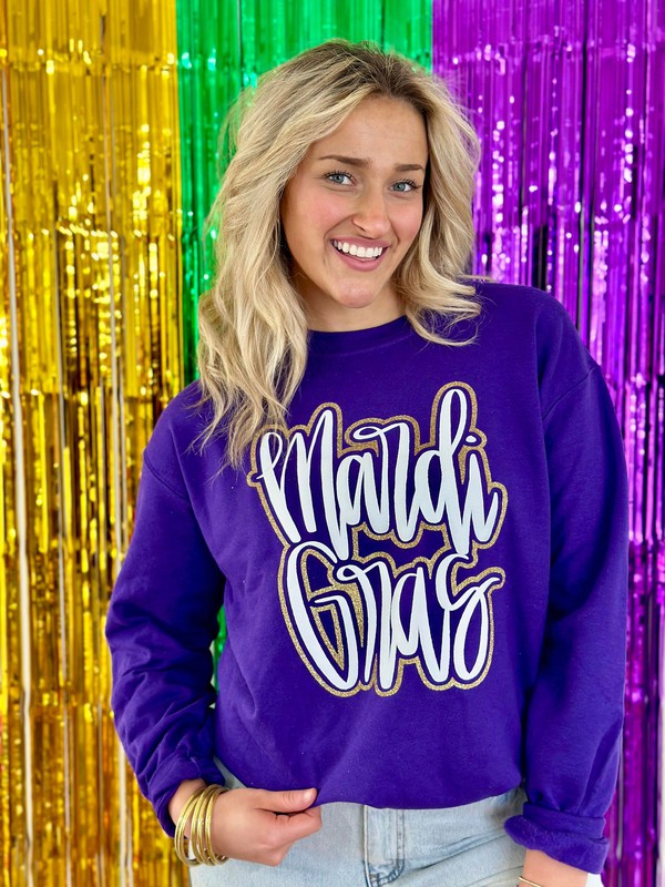 Mardi Gras Cursive Double Puff/Glitter Purple Sweatshirt