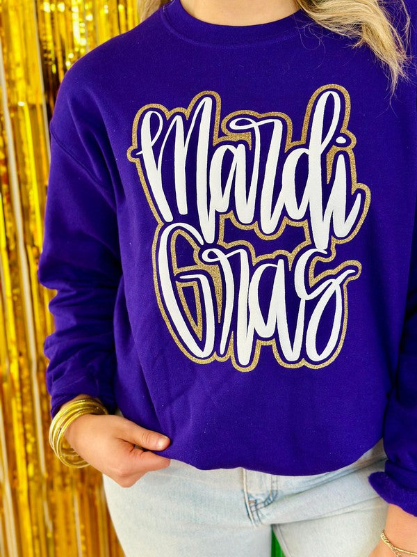 Mardi Gras Cursive Double Puff/Glitter Purple Sweatshirt