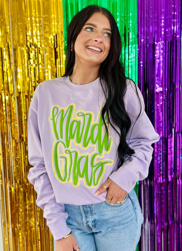 Mardi Gras Cursive Double Puff/Glitter Lavender Sweatshirt