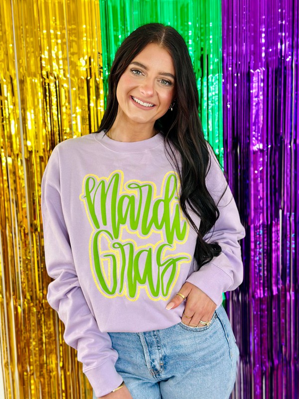 Mardi Gras Cursive Double Puff/Glitter Lavender Sweatshirt