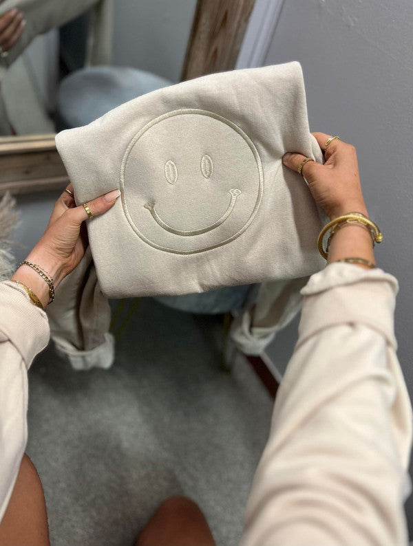 Happy Face Tan Embroidered Sweatshirt