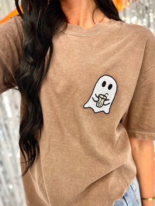 Ghost Coffee Cute Pocket Embordered Tee