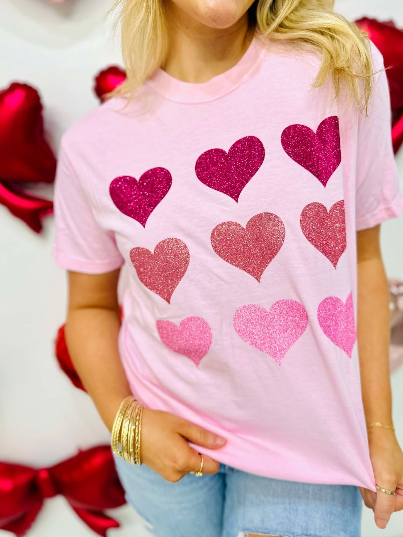 9 Multi Colored Glitter Hearts Tee