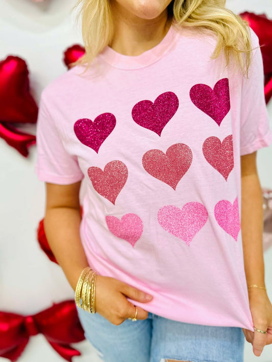 9 Multi Colored Glitter Hearts Tee