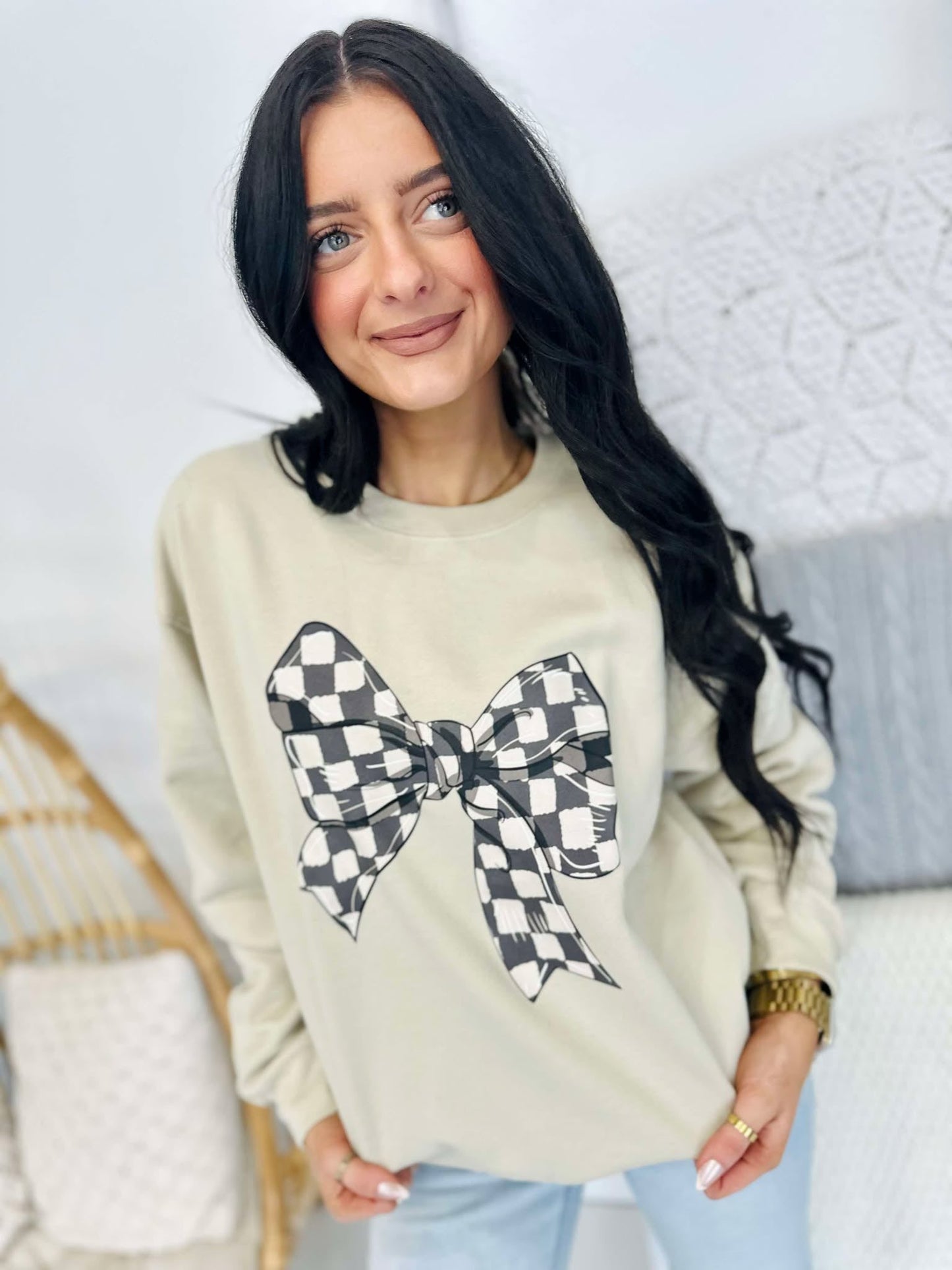 Black Checkered Bow DTF Sweatshirt