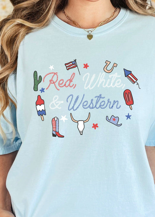 Light blue t-shirt with 'Red, White & Western' text and graphics worn by a person.