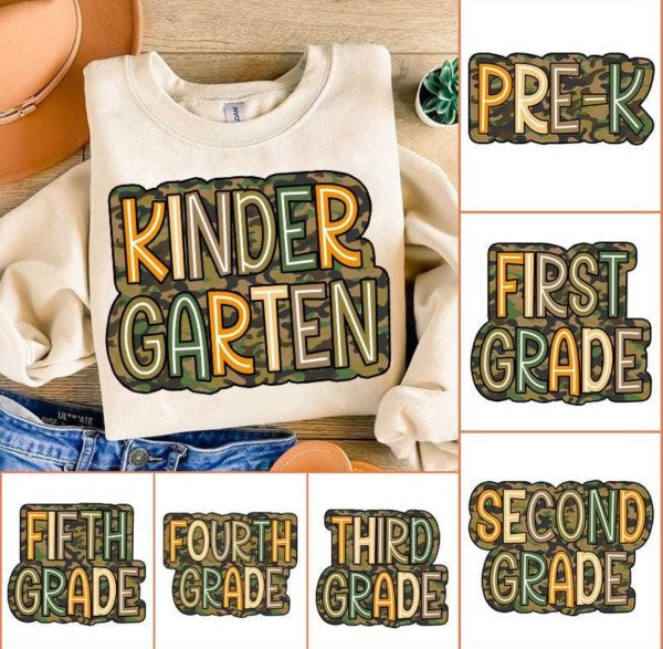 Children's sweatshirt with 'Kindergarten' text and grade level stickers displayed.