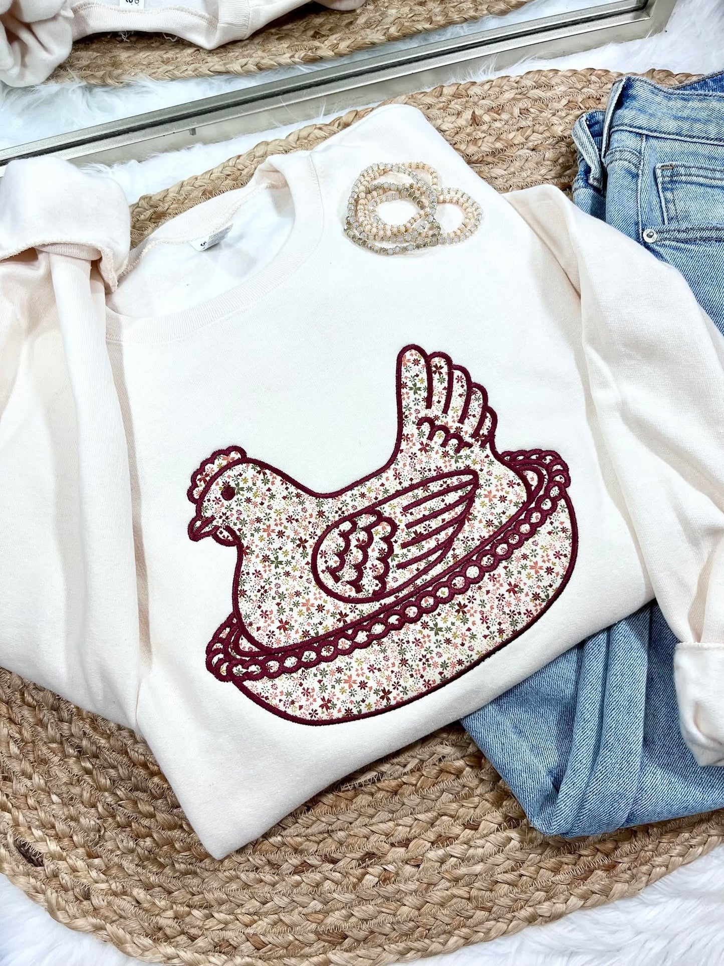 Red Chicken Floral Applique