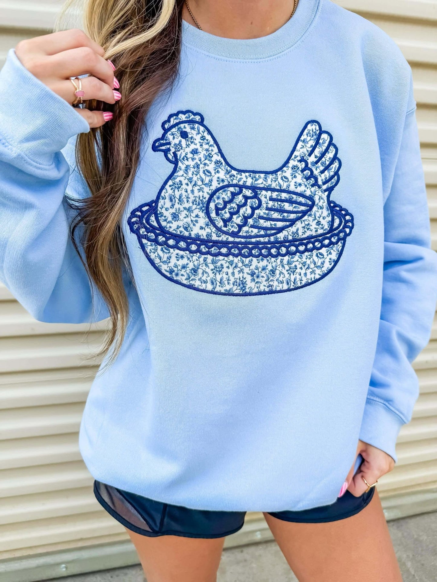 Blue Chicken Floral Applique
