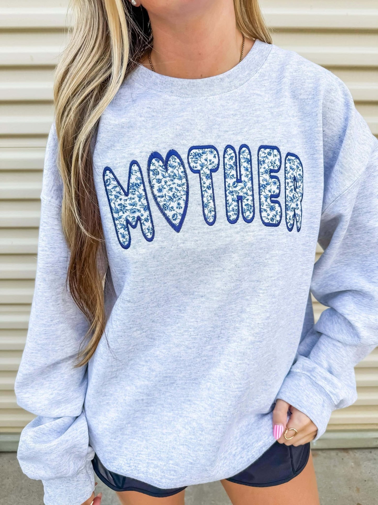 Mother Floral Blue Applique Apparel
