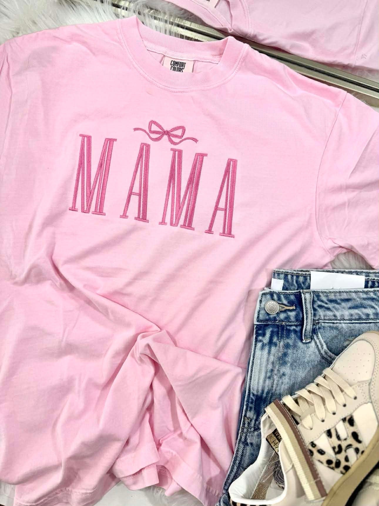 Pink Mama Bow Embroidered Tee