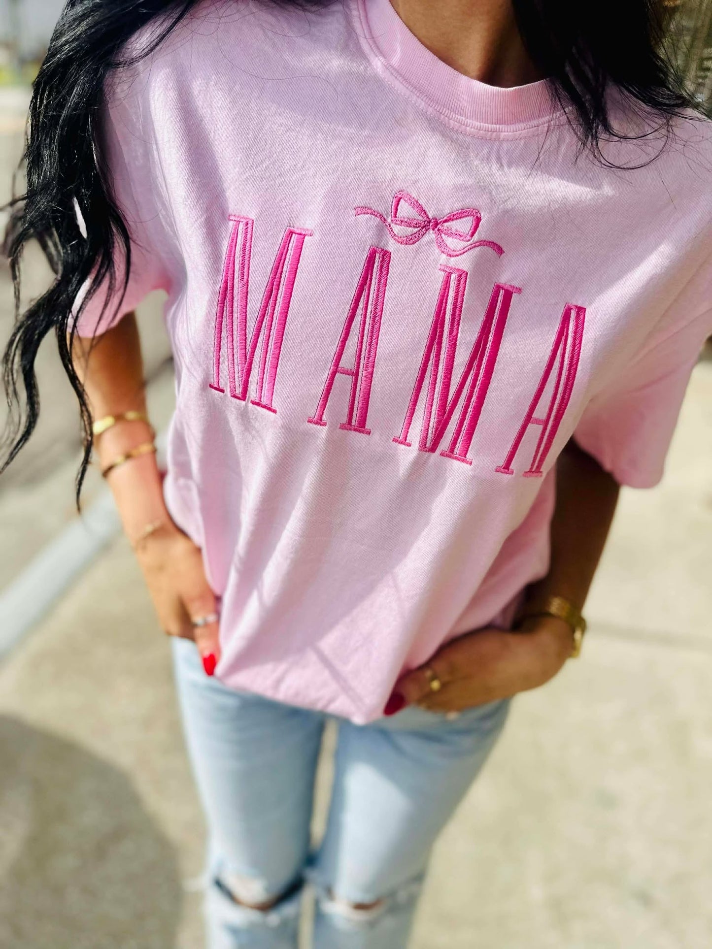 Pink Mama Bow Embroidered Tee