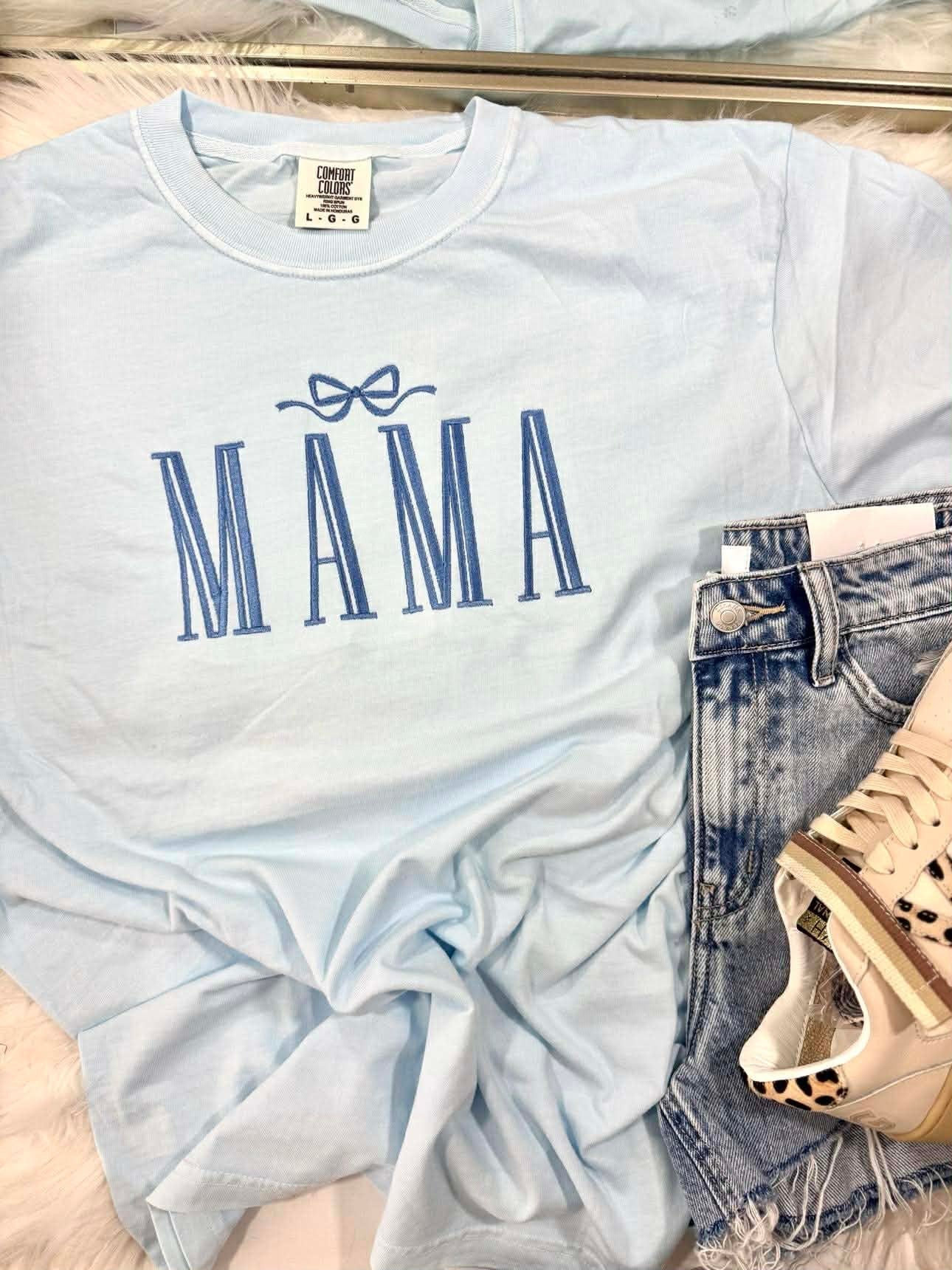 Mama Bow Blue Embroidered Tee