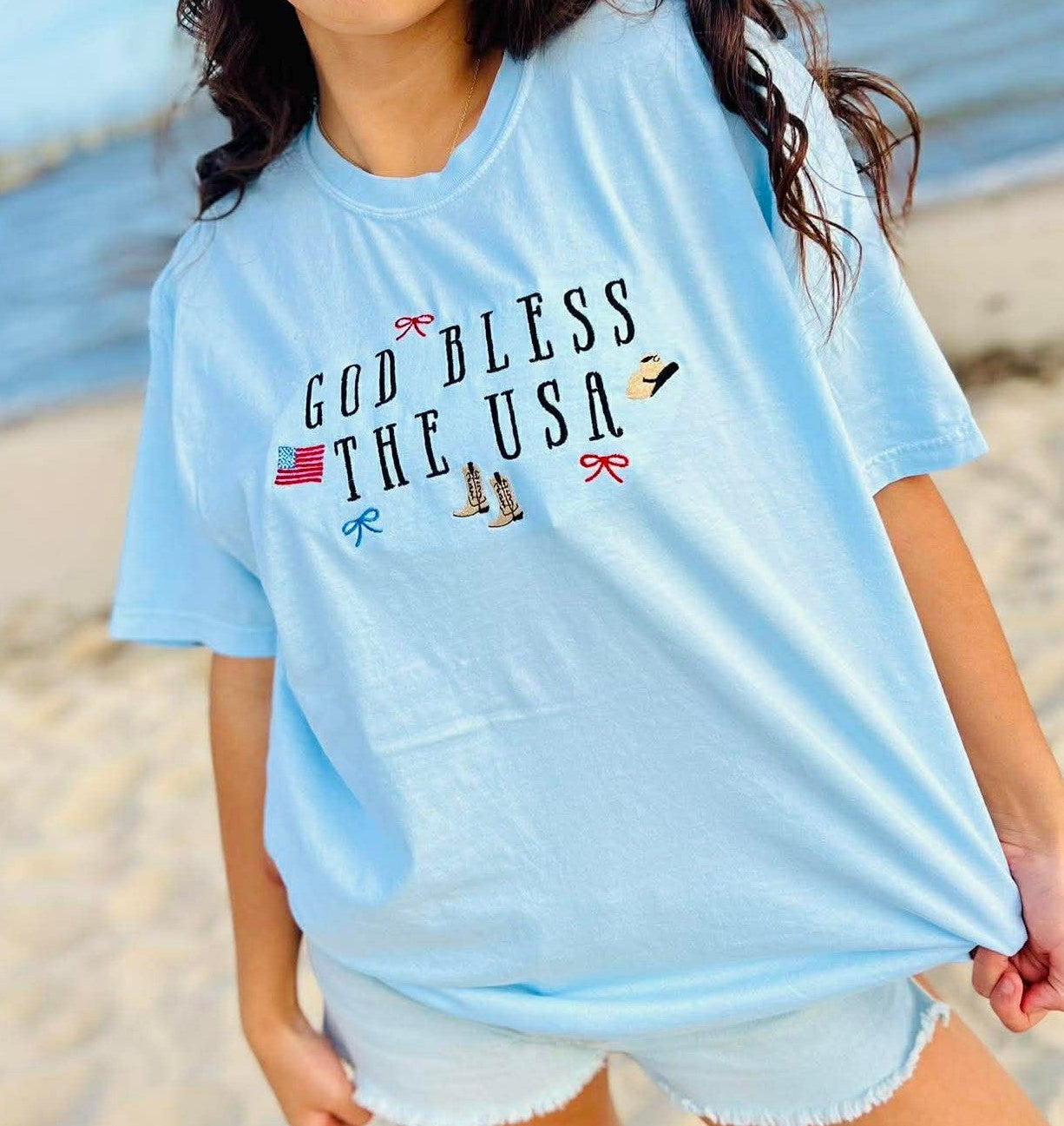 God Bless the USA Embroidery JULY42 Top