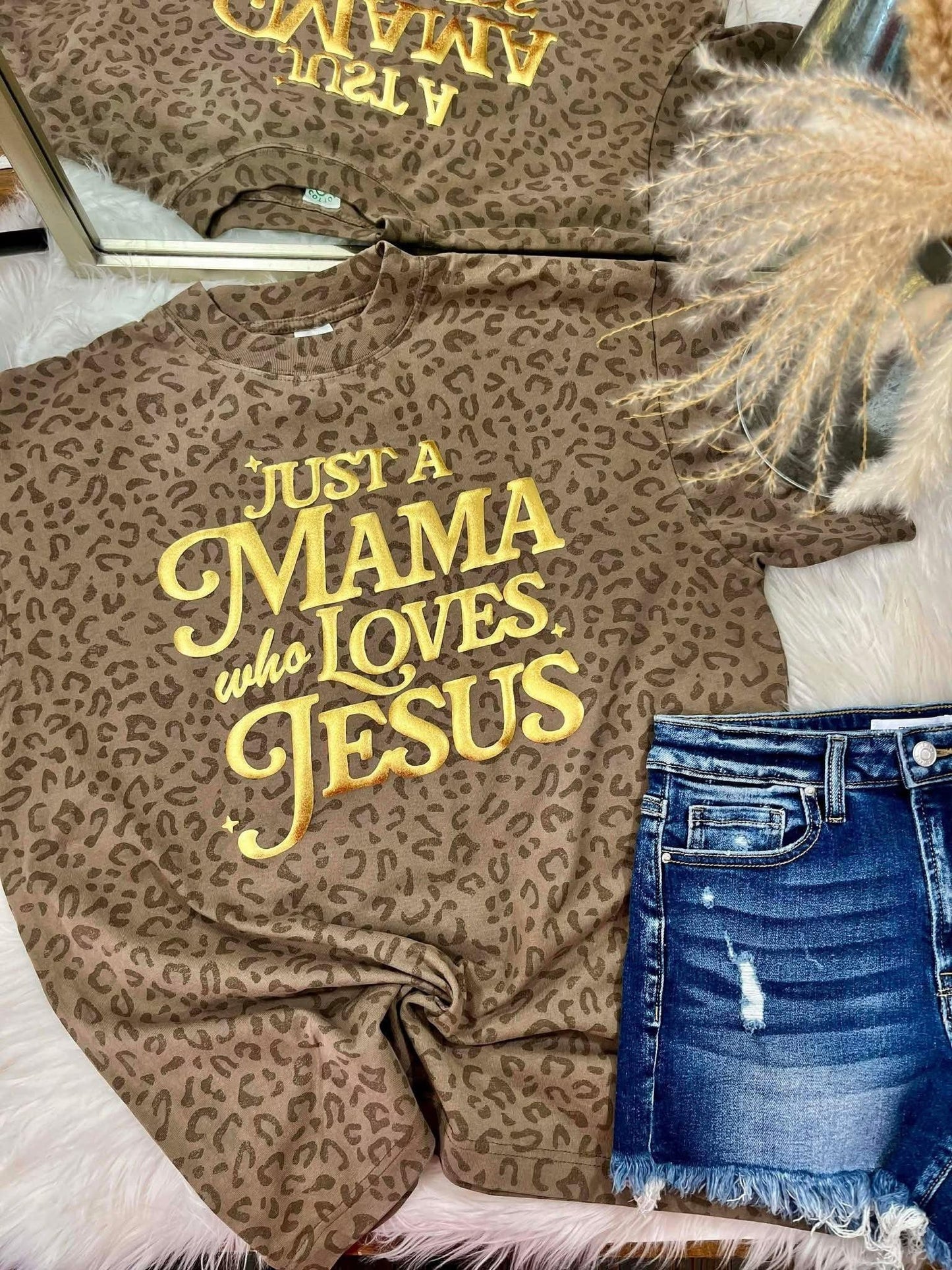 Mama Who Loves Jesus Leopard Gold Puff Top