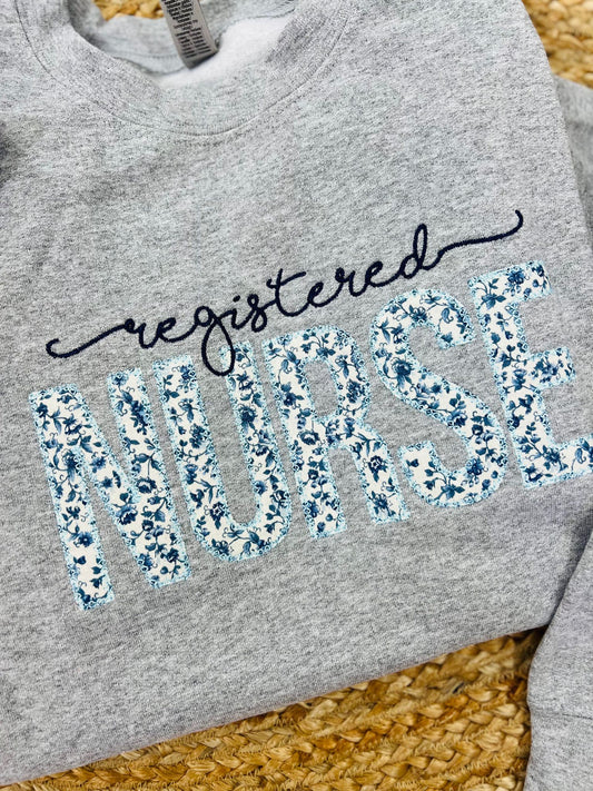 Floral Registered Nurse 2 Font Applique Sweatshirt