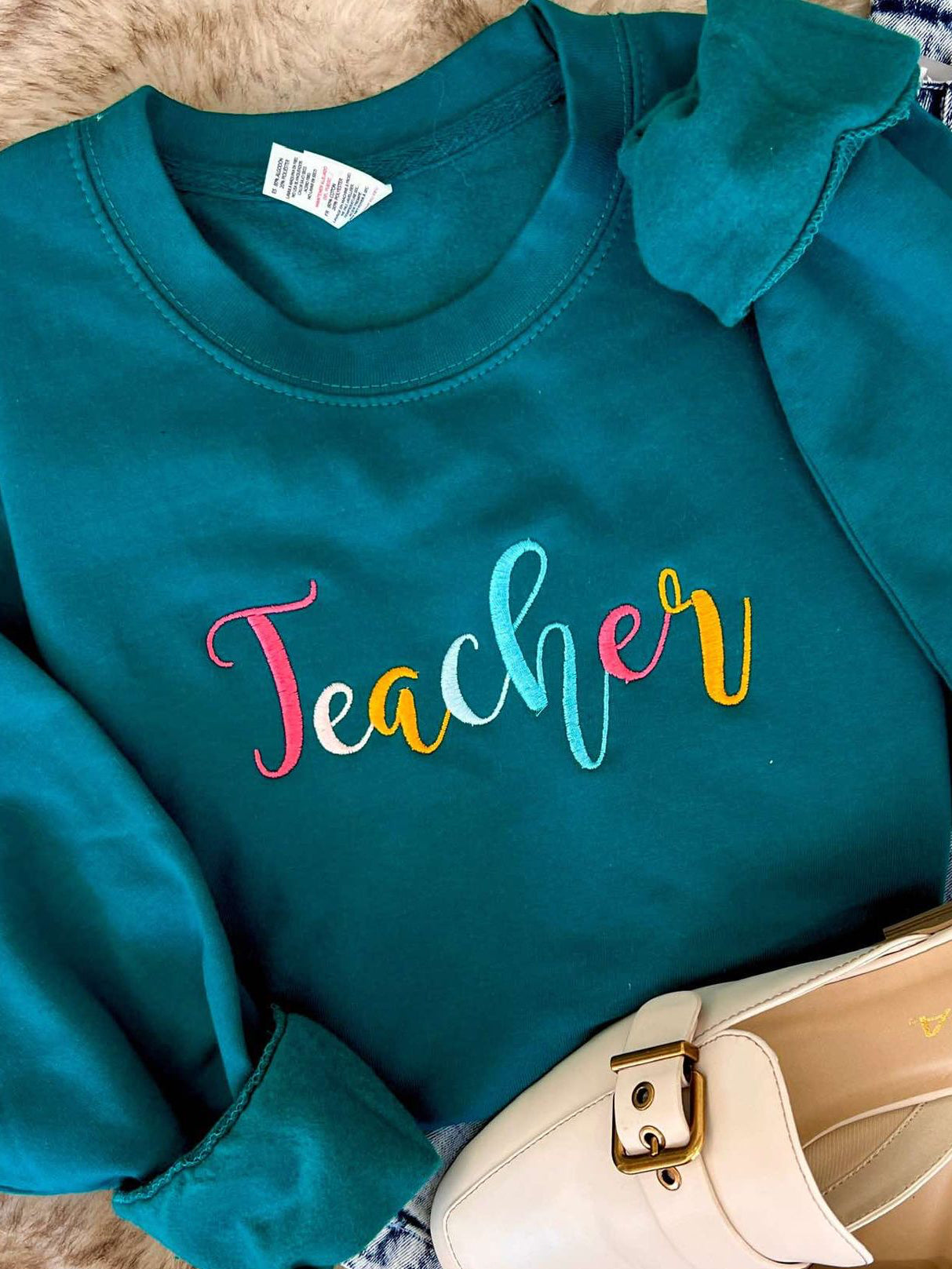 Teacher Rainbow Cursive Embroidered Sweatshirt