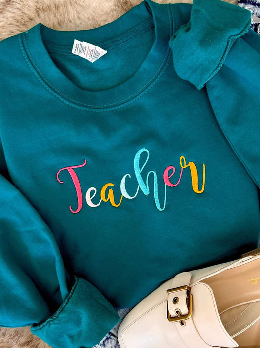 Teacher Rainbow Cursive Embroidered Sweatshirt