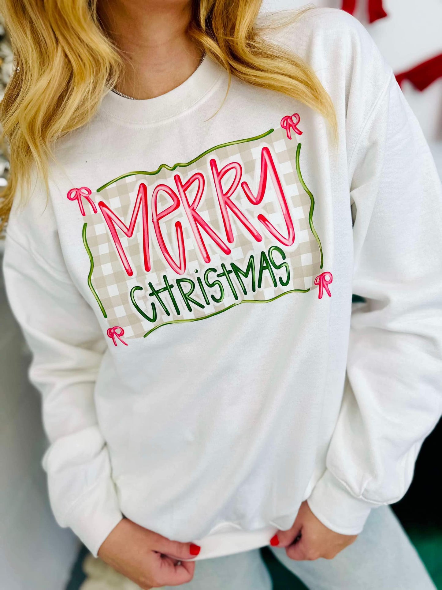 Merry Christmas Plaid Banner Bow Graphic Sweatshirt or Tee