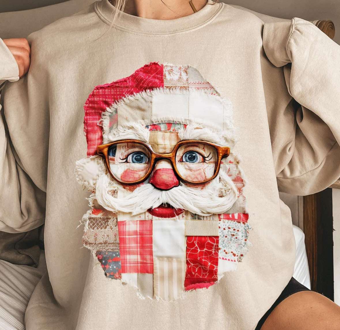 Quilted Santa traditional colors  tee or sweatshirt