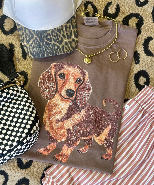 Long Hair Daschund Faux Rhinestone Dog Tee