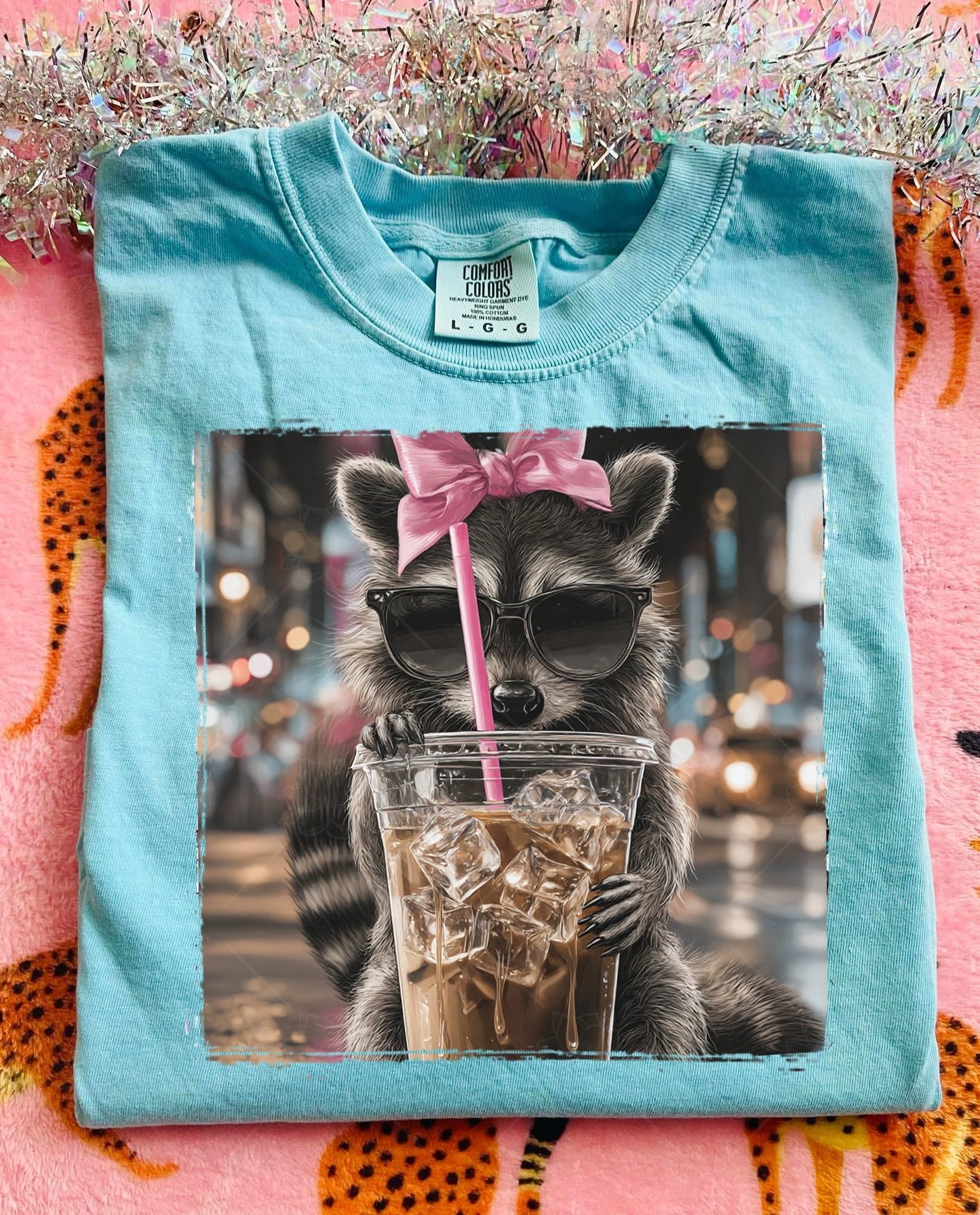 Raccoon With Coffee & Bow DTF Deal - Comfort Colors