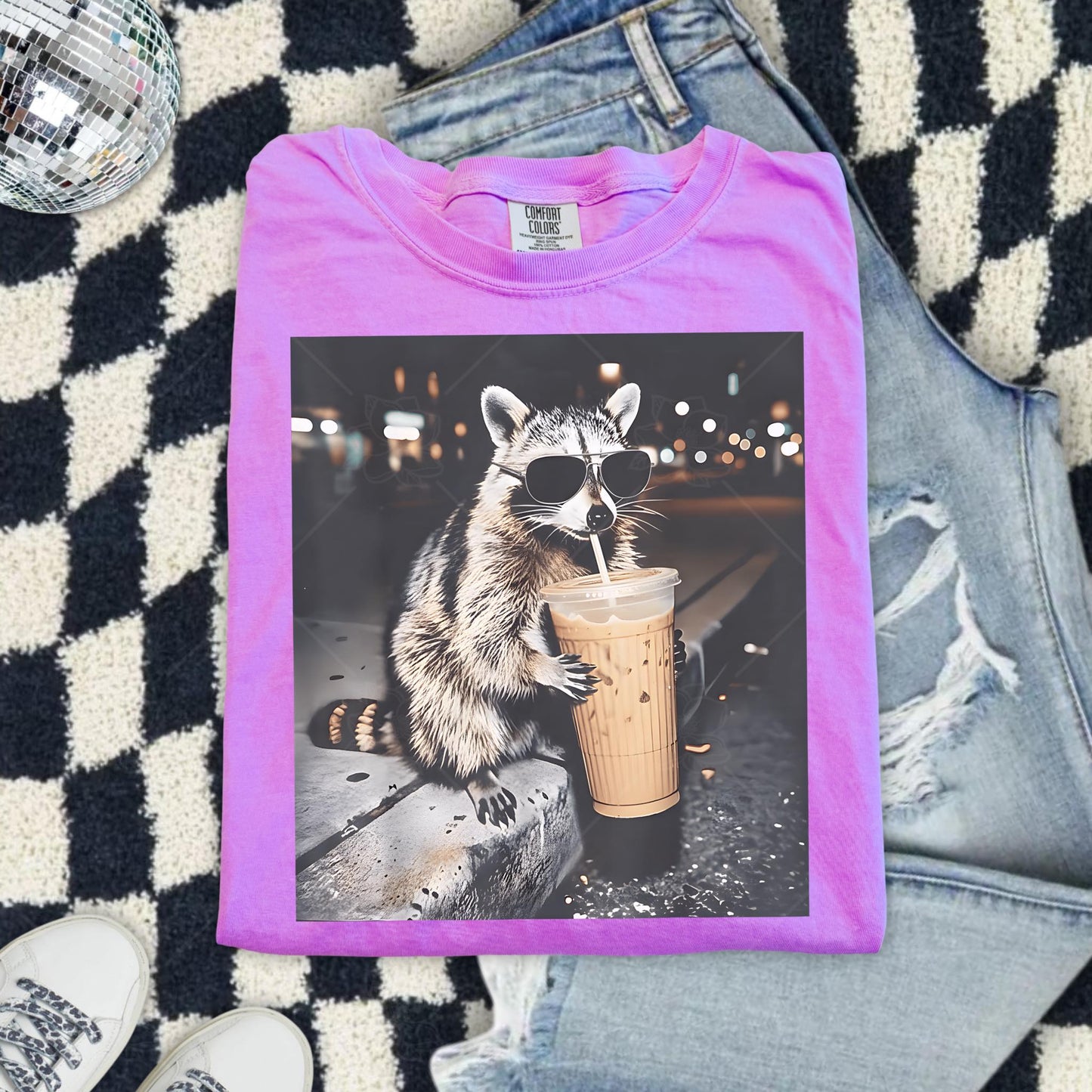 Raccoon With Coffee DTF Deal - Comfort Colors