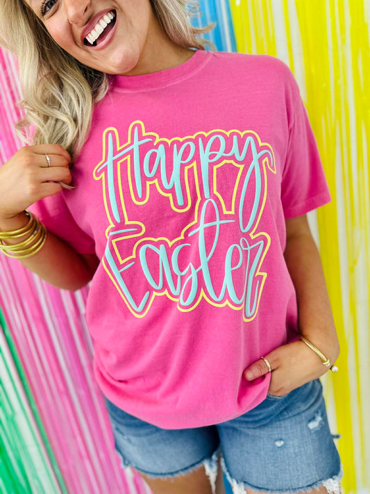 Happy Easter Pink Puff/Glitter Double Cursive Apparel