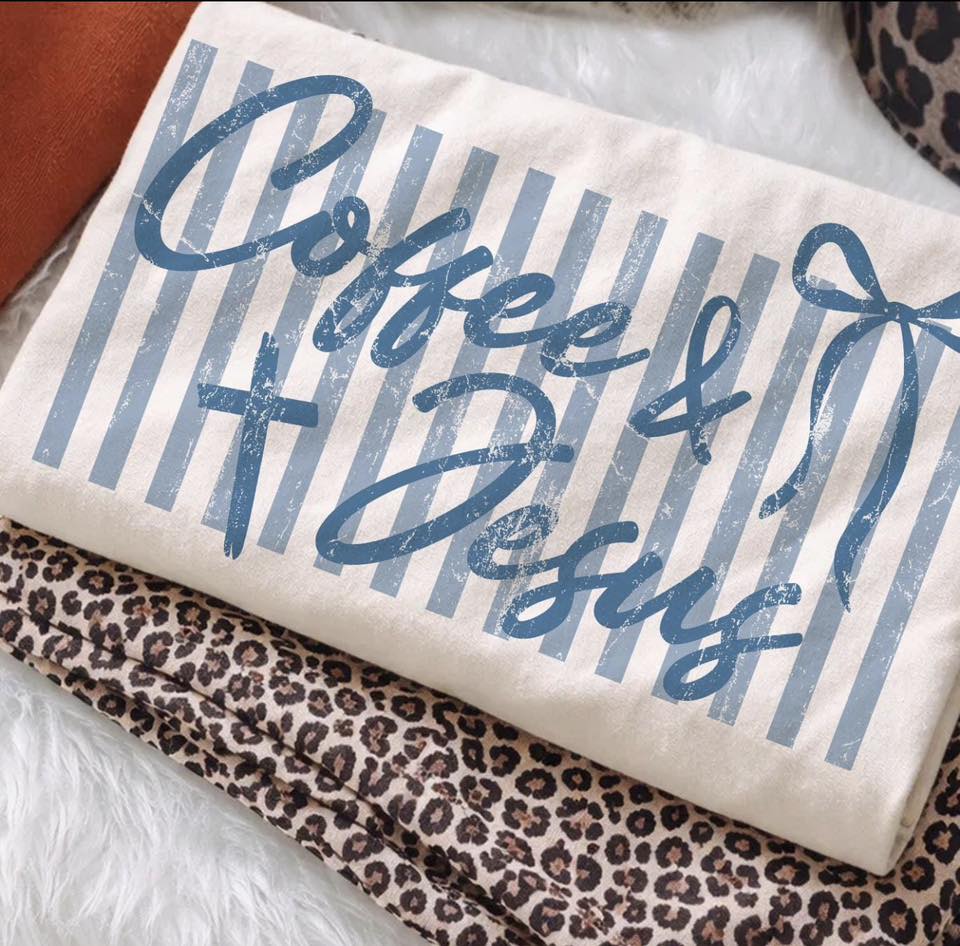 Fabric with 'Coffee & Jesus' text on a leopard print background