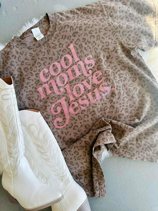 Cool Moms Love Jesus Glitter Vinyl Leopard Top