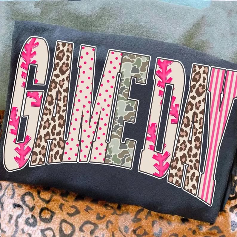 Text 'GAMEDAY' with leopard print and polka dot patterns on a black background.