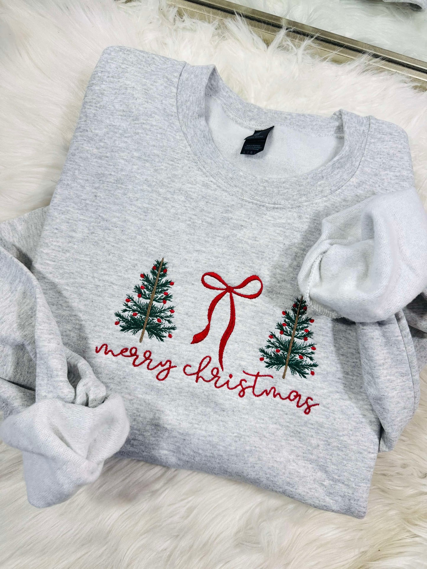 Merry Christmas Bow Trees Embroidery Sweatshirt