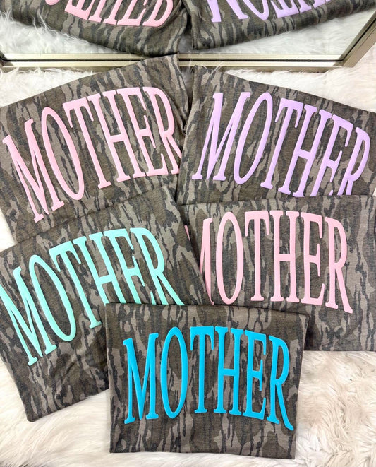 Gray marbled coasters with 'MOTHER' text in various colors on a white surface.