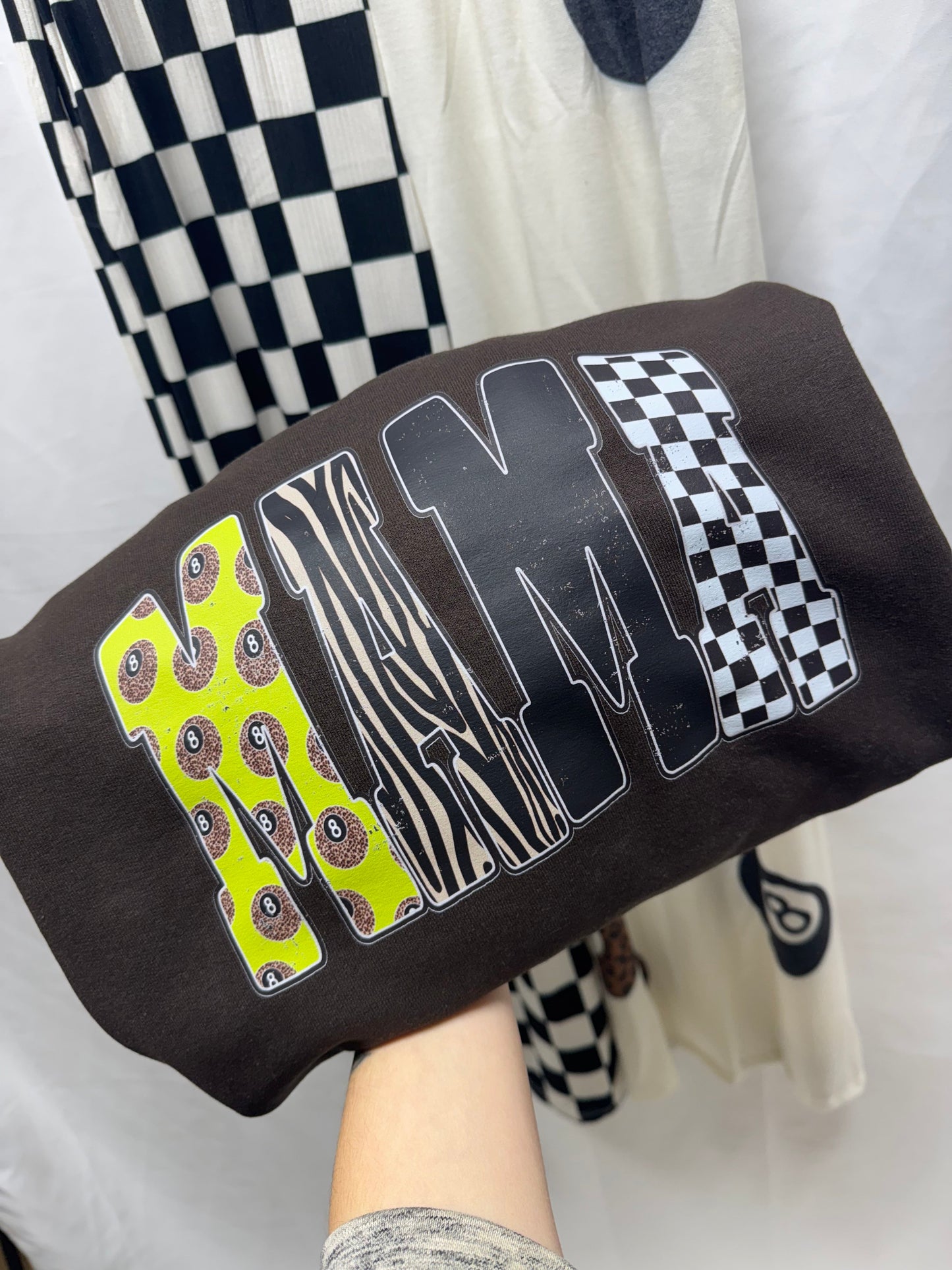 Lime Green Leopard 8 Ball Mama – Dark Chocolate Crewneck | Graphic Sweatshirt