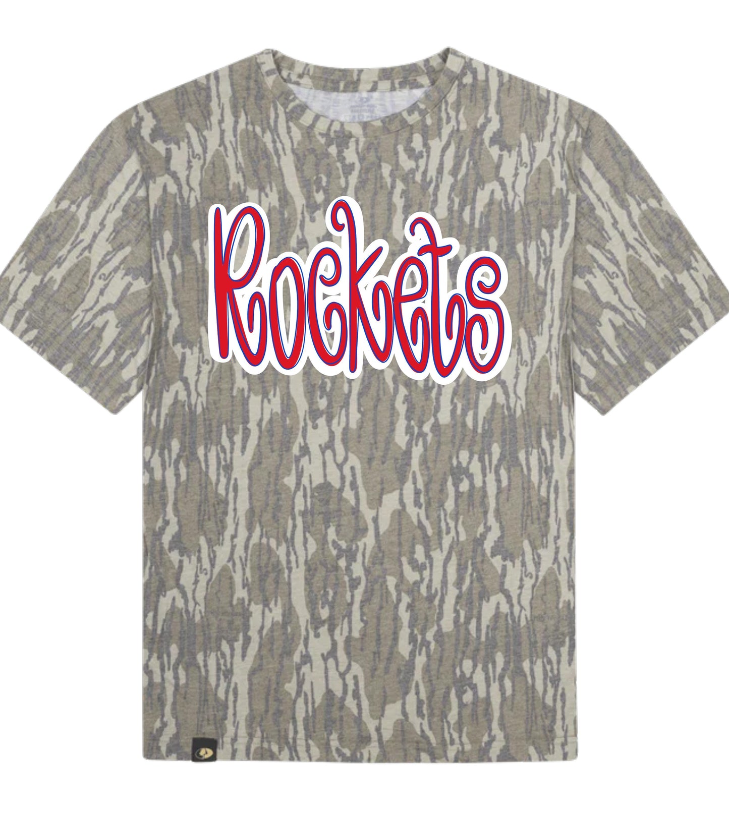 Camouflage t-shirt with 'Rockets' text on a white background
