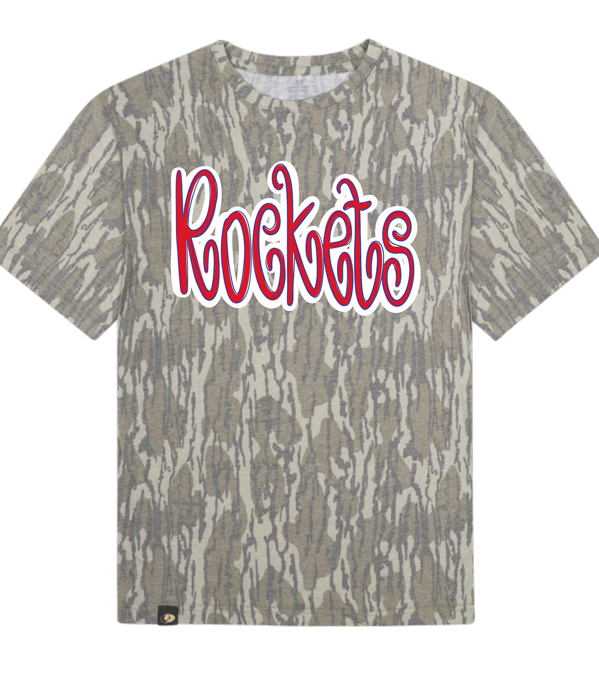 Camouflage t-shirt with 'Rockets' text on a white background