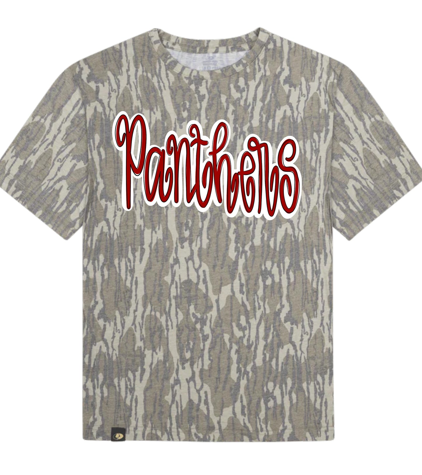 Camouflage t-shirt with 'Panthers' text in red on a white background