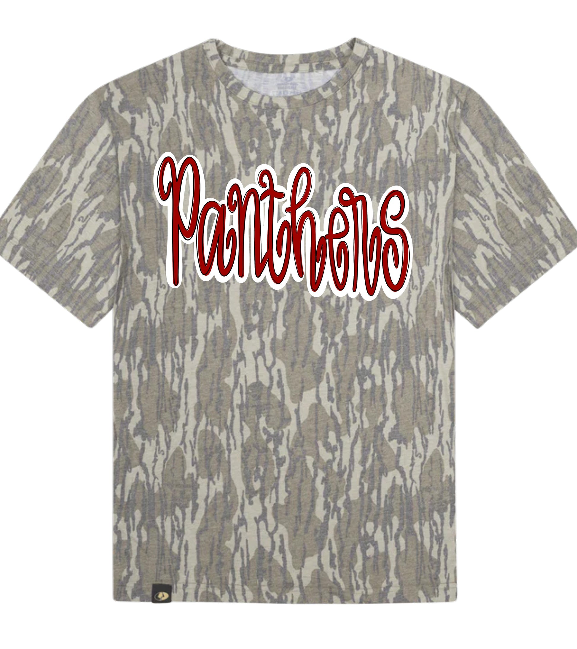 Camouflage t-shirt with 'Panthers' text in red on a white background