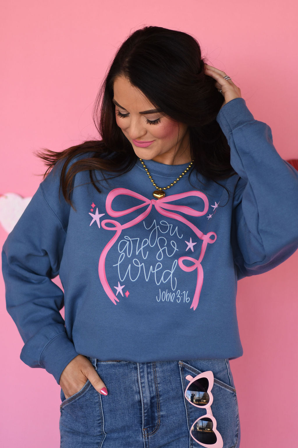 SALE You Are So Loved Bow Indigo Sweatshirt