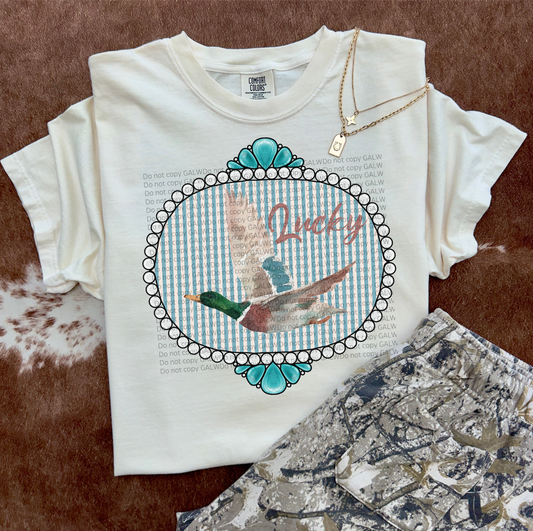 Lucky Duck blue stripes Comfort Colors Graphic Tee | Duck Hunting Western Shirt