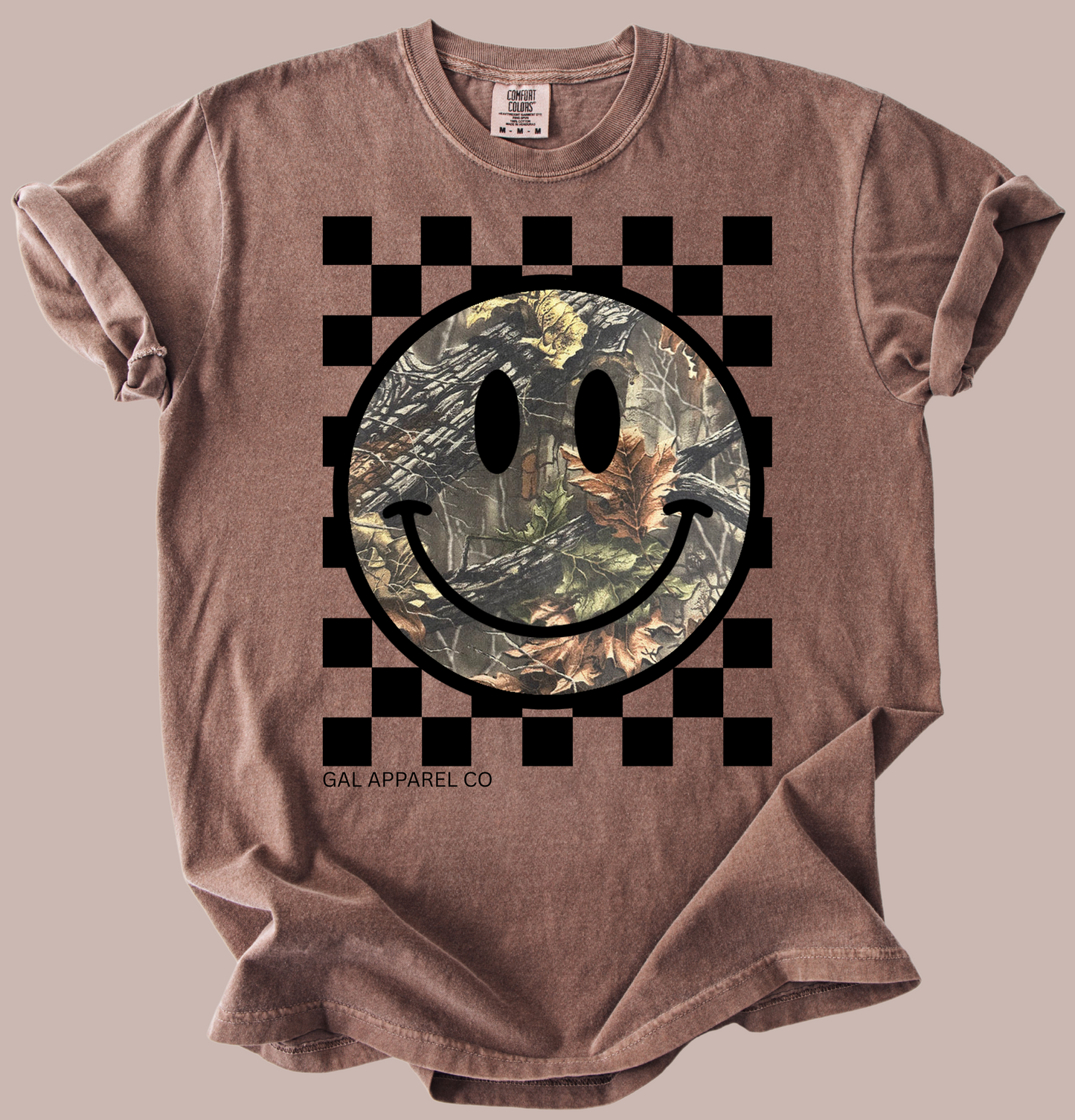 Camo Smiley Face Checkerboard Graphic Tee | Trendy Western Neutral Boutique Shirt